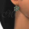 Oro Laminado Leverback Earring, Gold Filled Style Flower Design, with Turquoise and White Crystal, Polished, Golden Finish, 02.64.0638