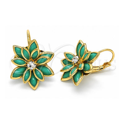 Oro Laminado Leverback Earring, Gold Filled Style Flower Design, with Turquoise and White Crystal, Polished, Golden Finish, 02.64.0638