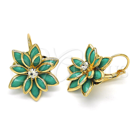 Oro Laminado Leverback Earring, Gold Filled Style Flower Design, with Turquoise and White Crystal, Polished, Golden Finish, 02.64.0638