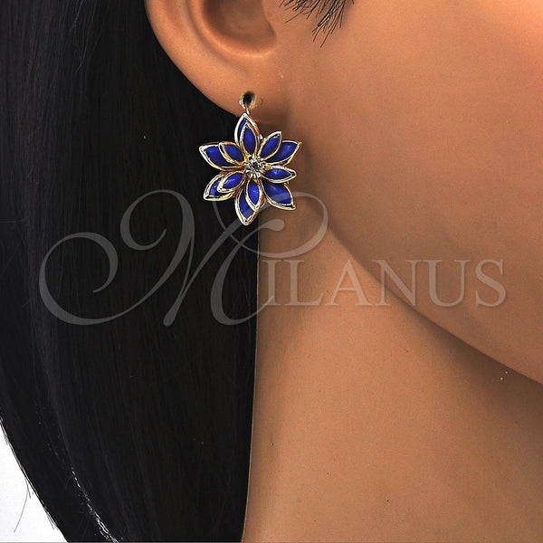 Gold Filled Ring — Leverback Earring Flower Design with Sapphire Blue and — alternate product view — SKU 122069 | Oro Laminado anillo — Leverback Earring flor diseño with Sapphire Blue and — SKU 122069