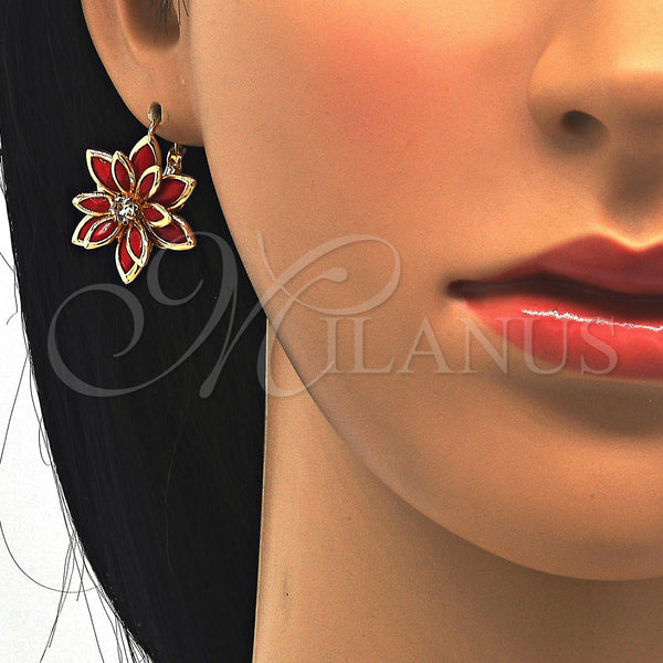 Gold Filled Ring — Leverback Earring Flower Design with Garnet and White — alternate product view — SKU 122070 | Oro Laminado anillo — Leverback Earring flor diseño with Garnet and blanco — SKU 122070