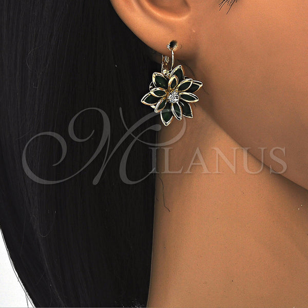Gold Filled Ring — Leverback Earring Flower Design with Green and White — alternate product view — SKU 122071 | Oro Laminado anillo — Leverback Earring flor diseño with Green and blanco — SKU 122071