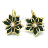 Oro Laminado Leverback Earring, Gold Filled Style Flower Design, with Green and White Crystal, Polished, Golden Finish, 02.64.0638.3