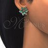 Oro Laminado Stud Earring, Gold Filled Style Flower Design, with Turquoise and White Crystal, Polished, Golden Finish, 02.64.0639