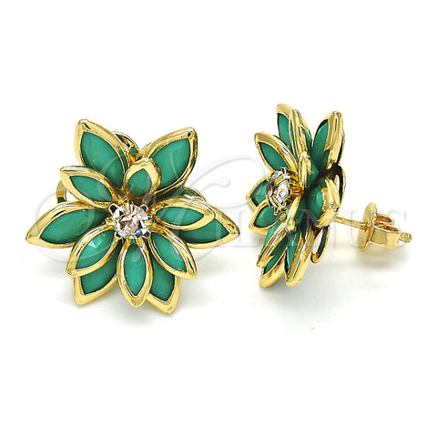 Oro Laminado Stud Earring, Gold Filled Style Flower Design, with Turquoise and White Crystal, Polished, Golden Finish, 02.64.0639
