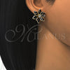 Oro Laminado Stud Earring, Gold Filled Style Flower Design, with Black Crystal and White Cubic Zirconia, Polished, Golden Finish, 02.64.0639.4