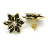 Oro Laminado Stud Earring, Gold Filled Style Flower Design, with Black Crystal and White Cubic Zirconia, Polished, Golden Finish, 02.64.0639.4