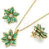 Oro Laminado Earring and Pendant Adult Set, Gold Filled Style Flower Design, with Turquoise and White Crystal, Polished, Golden Finish, 10.64.0155