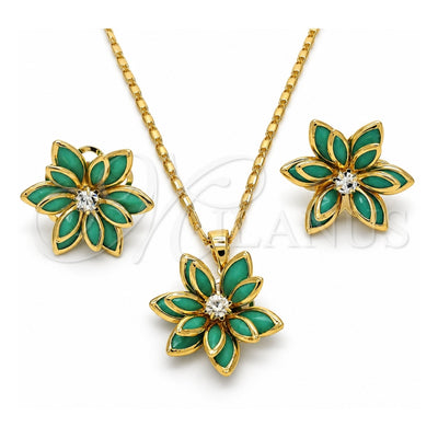 Oro Laminado Earring and Pendant Adult Set, Gold Filled Style Flower Design, with Turquoise and White Crystal, Polished, Golden Finish, 10.64.0155