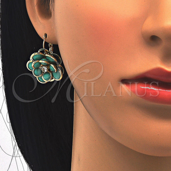 Gold Filled Ring — Leverback Earring Flower Design with Turquoise and White — alternate product view — SKU 122082 | Oro Laminado anillo — Leverback Earring flor diseño with Turquoise and blanco — SKU 122082
