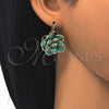 Oro Laminado Leverback Earring, Gold Filled Style Flower Design, with Turquoise and White Crystal, Polished, Golden Finish, 02.64.0640