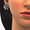 Oro Laminado Earring and Pendant Adult Set, Gold Filled Style Flower Design, with Sapphire Blue and White Crystal, Polished, Golden Finish, 10.64.0155.2