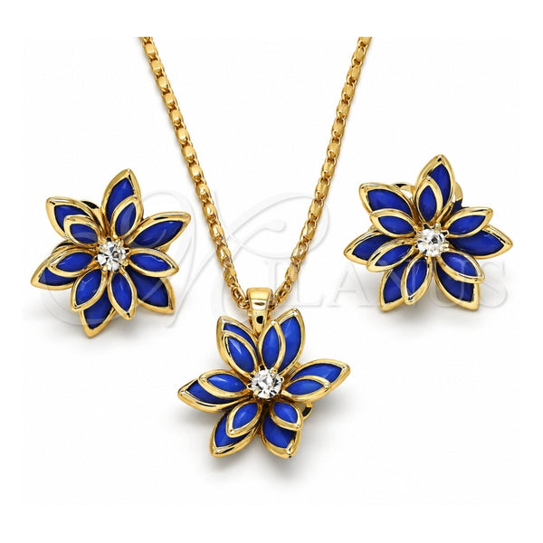 Oro Laminado Earring and Pendant Adult Set, Gold Filled Style Flower Design, with Sapphire Blue and White Crystal, Polished, Golden Finish, 10.64.0155.2