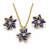 Oro Laminado Earring and Pendant Adult Set, Gold Filled Style Flower Design, with Sapphire Blue and White Crystal, Polished, Golden Finish, 10.64.0155.2