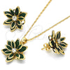Oro Laminado Earring and Pendant Adult Set, Gold Filled Style Flower Design, with Green and White Crystal, Polished, Golden Finish, 10.64.0155.3