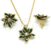Oro Laminado Earring and Pendant Adult Set, Gold Filled Style Flower Design, with Green and White Crystal, Polished, Golden Finish, 10.64.0155.3