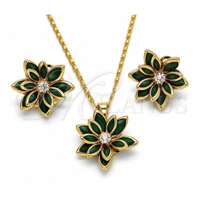 Oro Laminado Earring and Pendant Adult Set, Gold Filled Style Flower Design, with Green and White Crystal, Polished, Golden Finish, 10.64.0155.3