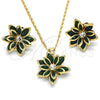 Oro Laminado Earring and Pendant Adult Set, Gold Filled Style Flower Design, with Green and White Crystal, Polished, Golden Finish, 10.64.0155.3