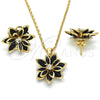 Oro Laminado Earring and Pendant Adult Set, Gold Filled Style Flower Design, with Black and White Crystal, Polished, Golden Finish, 10.64.0155.4