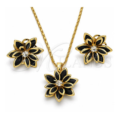 Oro Laminado Earring and Pendant Adult Set, Gold Filled Style Flower Design, with Black and White Crystal, Polished, Golden Finish, 10.64.0155.4