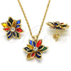 Oro Laminado Earring and Pendant Adult Set, Gold Filled Style Flower Design, with Multicolor Crystal, Polished, Golden Finish, 10.64.0155.5