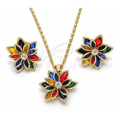 Oro Laminado Earring and Pendant Adult Set, Gold Filled Style Flower Design, with Multicolor Crystal, Polished, Golden Finish, 10.64.0155.5