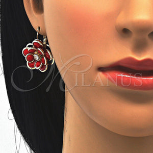 Gold Filled Ring — Leverback Earring Flower Design with Garnet and White — main product view — SKU 122088 | Oro Laminado anillo — Leverback Earring flor diseño with Garnet and blanco — SKU 122088