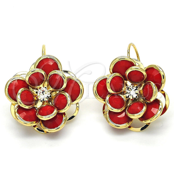 Gold Filled Ring — Leverback Earring Flower Design with Garnet and White — alternate product view — SKU 122088 | Oro Laminado anillo — Leverback Earring flor diseño with Garnet and blanco — SKU 122088