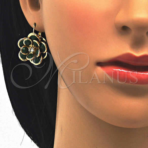 Gold Filled Ring — Leverback Earring Flower Design with Green and White — alternate product view — SKU 122089 | Oro Laminado anillo — Leverback Earring flor diseño with Green and blanco — SKU 122089