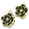 Oro Laminado Leverback Earring, Gold Filled Style Flower Design, with Green and White Crystal, Polished, Golden Finish, 02.64.0640.3