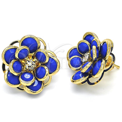 Oro Laminado Stud Earring, Gold Filled Style Flower Design, with Sapphire Blue and White Crystal, Polished for wholesale, main product view