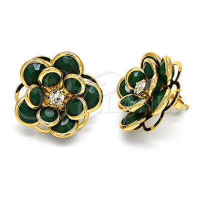 Oro Laminado Stud Earring, Gold Filled Style Flower Design, with Green and White Crystal, Polished, Golden Finish, 02.64.0641.3