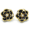 Oro Laminado Stud Earring, Gold Filled Style Flower Design, with Black and White Crystal, Polished, Golden Finish, 02.64.0641.4