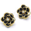 Oro Laminado Stud Earring, Gold Filled Style Flower Design, with Black and White Crystal, Polished, Golden Finish, 02.64.0641.4