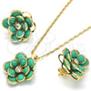 Oro Laminado Earring and Pendant Adult Set, Gold Filled Style Flower Design, with Turquoise and White Crystal, Polished, Golden Finish, 10.64.0156