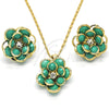 Oro Laminado Earring and Pendant Adult Set, Gold Filled Style Flower Design, with Turquoise and White Crystal, Polished, Golden Finish, 10.64.0156