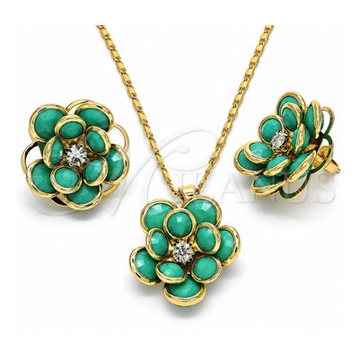 Oro Laminado Earring and Pendant Adult Set, Gold Filled Style Flower Design, with Turquoise and White Crystal, Polished, Golden Finish, 10.64.0156