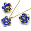 Oro Laminado Earring and Pendant Adult Set, Gold Filled Style Flower Design, with Sapphire Blue and White Crystal, Polished, Golden Finish, 10.64.0156.2
