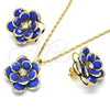 Oro Laminado Earring and Pendant Adult Set, Gold Filled Style Flower Design, with Sapphire Blue and White Crystal, Polished, Golden Finish, 10.64.0156.2