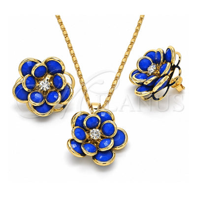 Oro Laminado Earring and Pendant Adult Set, Gold Filled Style Flower Design, with Sapphire Blue and White Crystal, Polished, Golden Finish, 10.64.0156.2