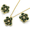 Oro Laminado Earring and Pendant Adult Set, Gold Filled Style Flower Design, with Green and White Crystal, Polished, Golden Finish, 10.64.0156.3