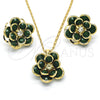 Oro Laminado Earring and Pendant Adult Set, Gold Filled Style Flower Design, with Green and White Crystal, Polished, Golden Finish, 10.64.0156.3