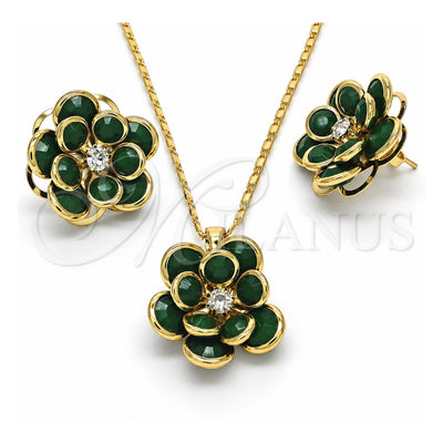 Oro Laminado Earring and Pendant Adult Set, Gold Filled Style Flower Design, with Green and White Crystal, Polished, Golden Finish, 10.64.0156.3