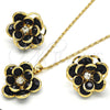 Oro Laminado Earring and Pendant Adult Set, Gold Filled Style Flower Design, with Black and White Crystal, Polished, Golden Finish, 10.64.0156.4