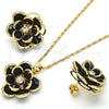 Oro Laminado Earring and Pendant Adult Set, Gold Filled Style Flower Design, with Black and White Crystal, Polished, Golden Finish, 10.64.0156.4