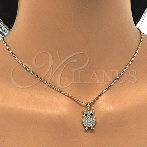 Oro Laminado Pendant Necklace, Gold Filled Style Owl Design, with Ruby and White Cubic Zirconia, Polished, Golden Finish, 04.156.0139.20 (02 MM Thickness, 20 Inches Length)