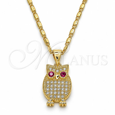 Oro Laminado Pendant Necklace, Gold Filled Style Owl Design, with Ruby and White Cubic Zirconia, Polished, Golden Finish, 04.156.0139.20 (02 MM Thickness, 20 Inches Length)