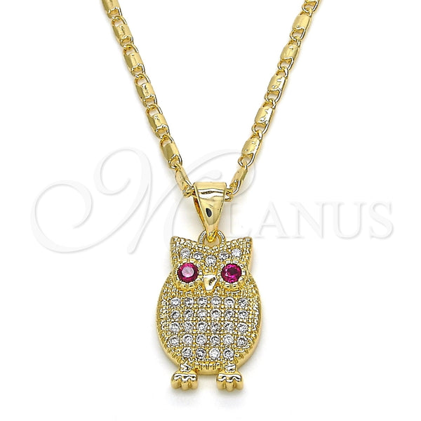 Oro Laminado Pendant Necklace, Gold Filled Style Owl Design, with Ruby and White Cubic Zirconia, Polished, Golden Finish, 04.156.0139.20 (02 MM Thickness, 20 Inches Length)