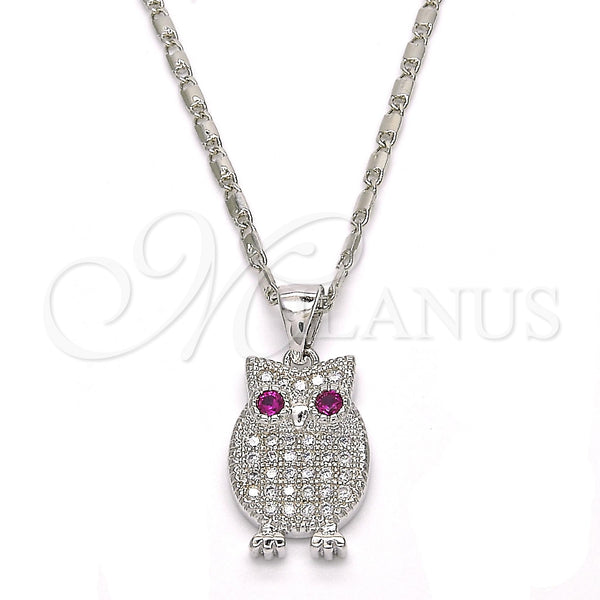 Rhodium Plated Pendant Necklace, Owl Design, with Ruby and White Cubic Zirconia, Polished, Rhodium Finish, 04.156.0139.1.20 (02 MM Thickness, 20 Inches Length)
