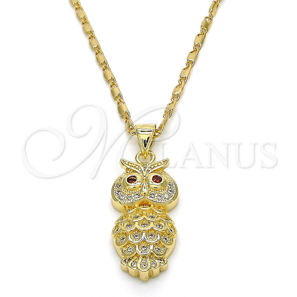 Oro Laminado Pendant Necklace, Gold Filled Style Owl Design, with Garnet Cubic Zirconia and White Micro Pave, Polished, Golden Finish, 04.156.0141.20 (02 MM Thickness, 20 Inches Length)